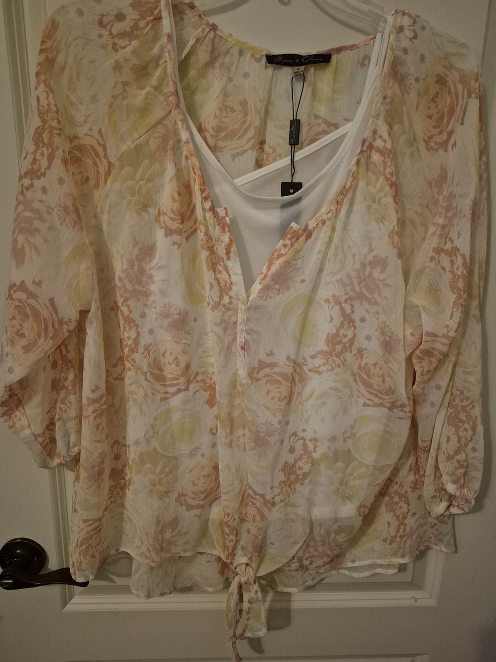 Rose & Olive Sheer Floral Tie-Front Blouse in Peach and Pale Yellow